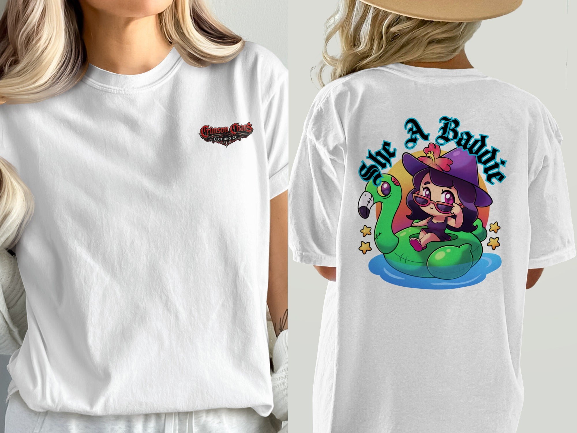 White t-shirt with Crimson Chaos Clothing Co. logo and a cartoon witch on a flamingo float with text.