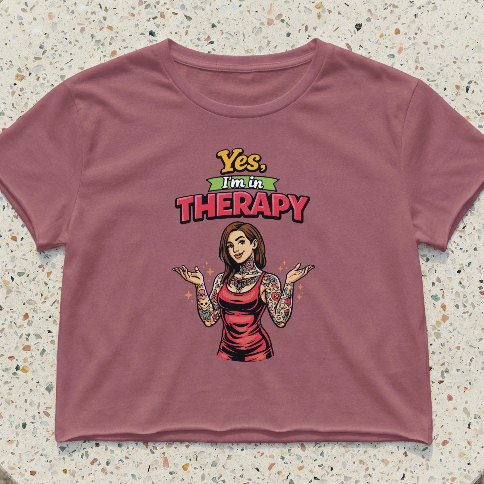 Crop top with "Yes, I'm THERAPY" text and tattooed woman illustration.