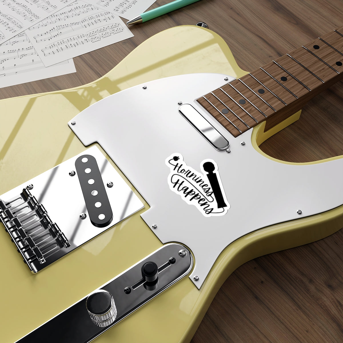 Happiness Happens Sticker on Electric Guitar