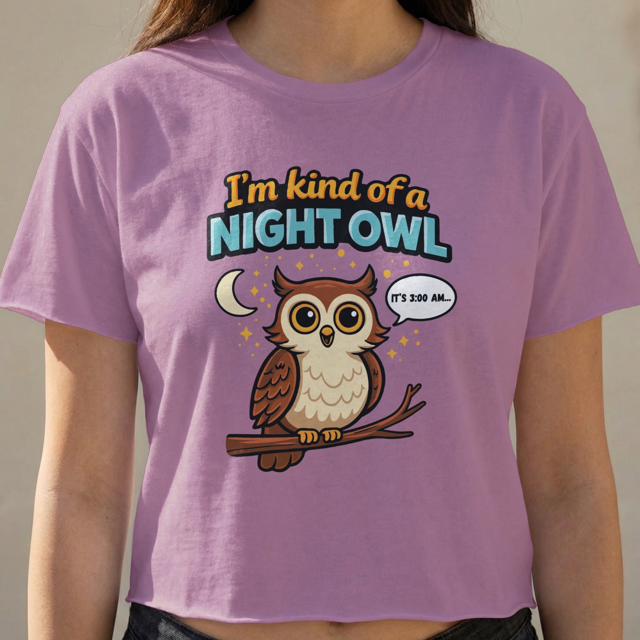 Purple crop top with cartoon owl text bubble saying "It's 3:00 AM...".