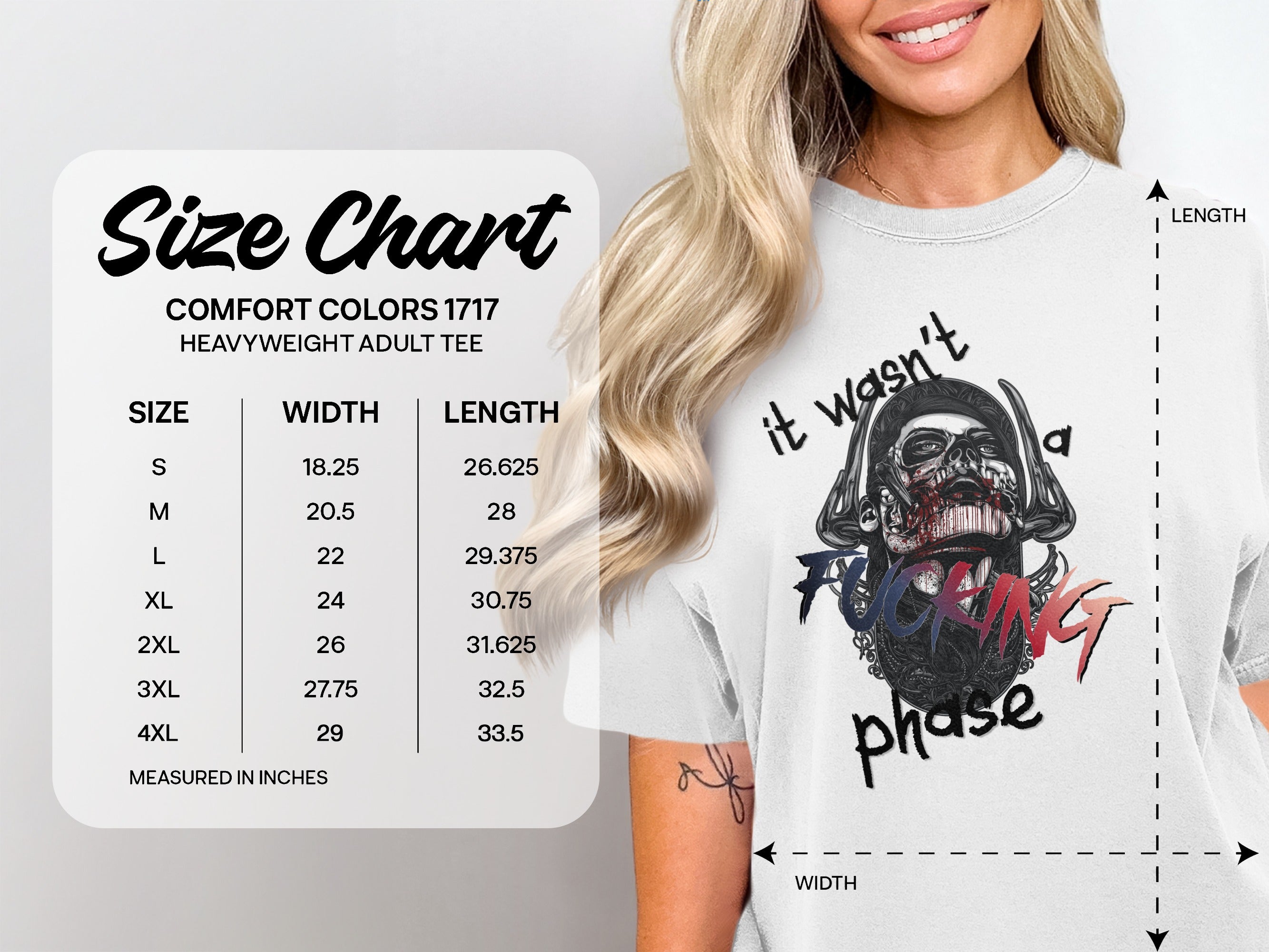 Comfort Colors 1717 heavyweight adult tee size chart with measurements.