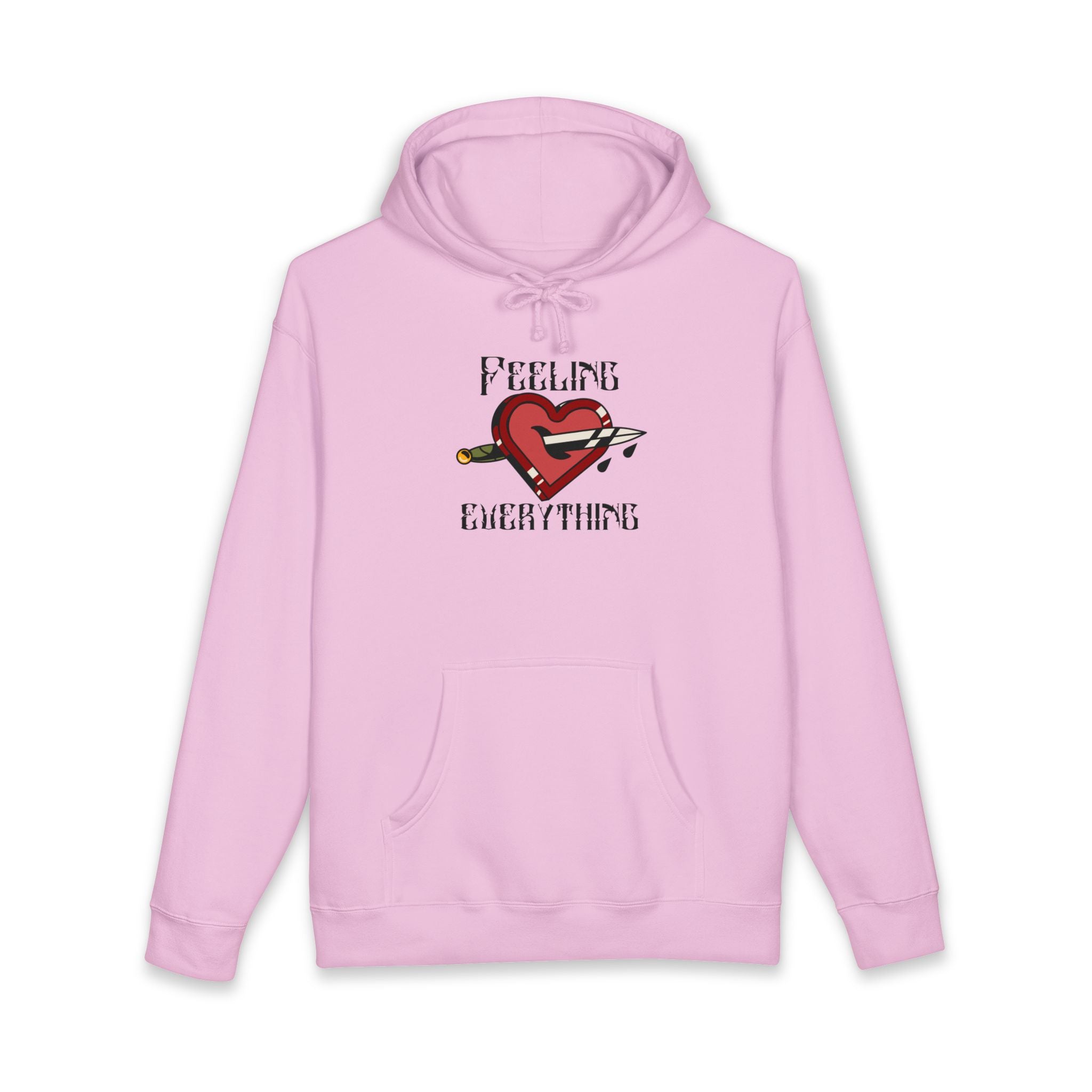Pink hoodie with a heart pierced by a dagger and "Feeling Everything" text.
