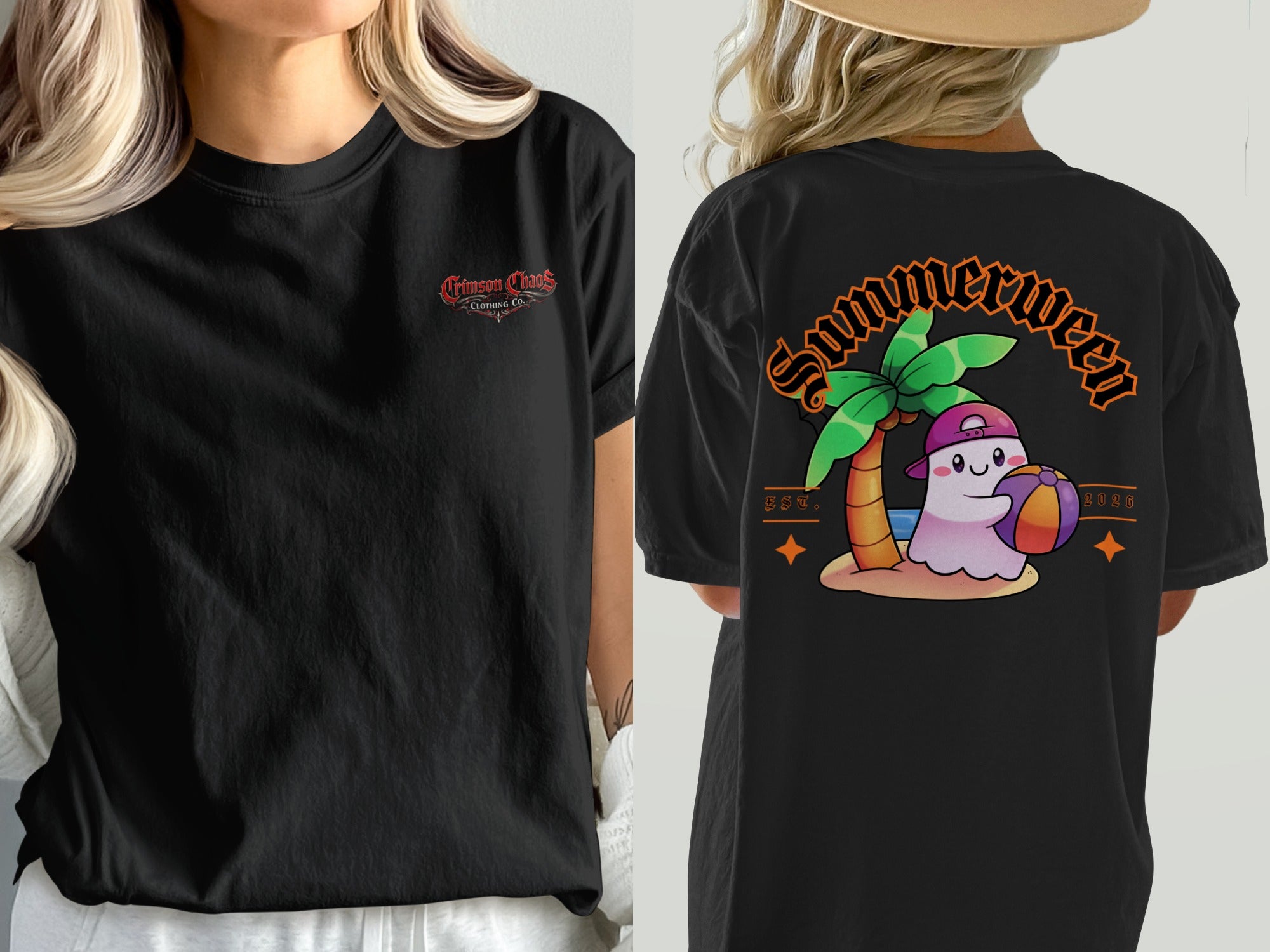 Black t-shirt with crimson chaos logo on front and summerween ghost on back.
