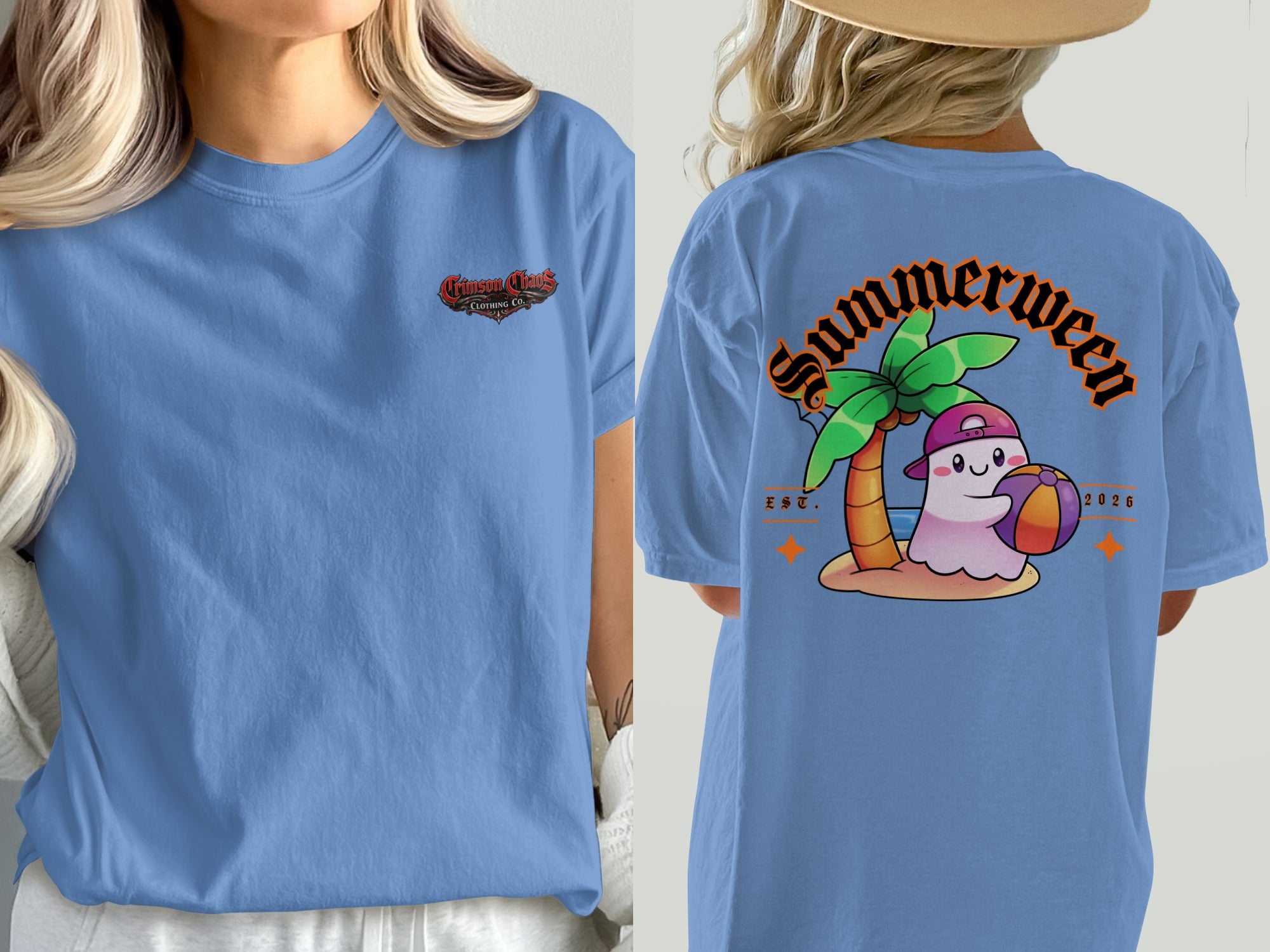 Blue t-shirt with "Crimson Chaos Clothing Co." logo on front and a ghost on an island with a beach ball on back.