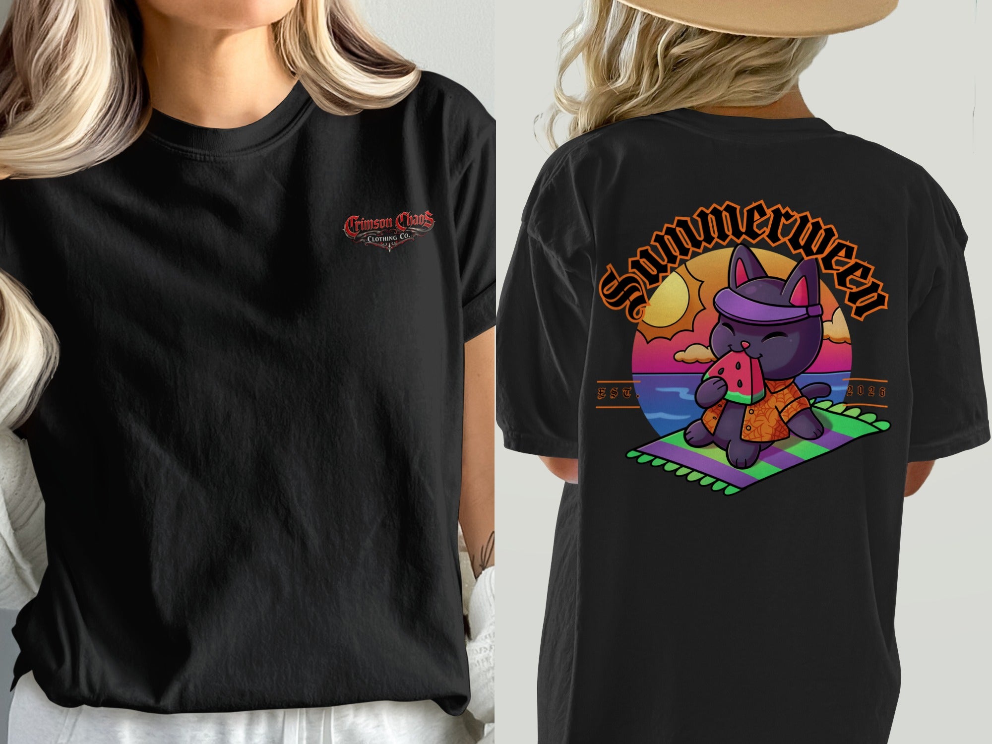 Black t-shirt with "Crimson Chaos Clothing Co." on front, and cat eating watermelon graphic on back.