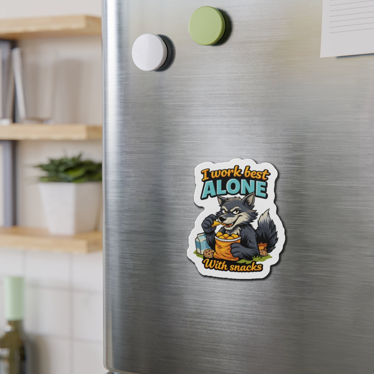 I Work Best Alone With Snacks Wolf Magnet Sticker