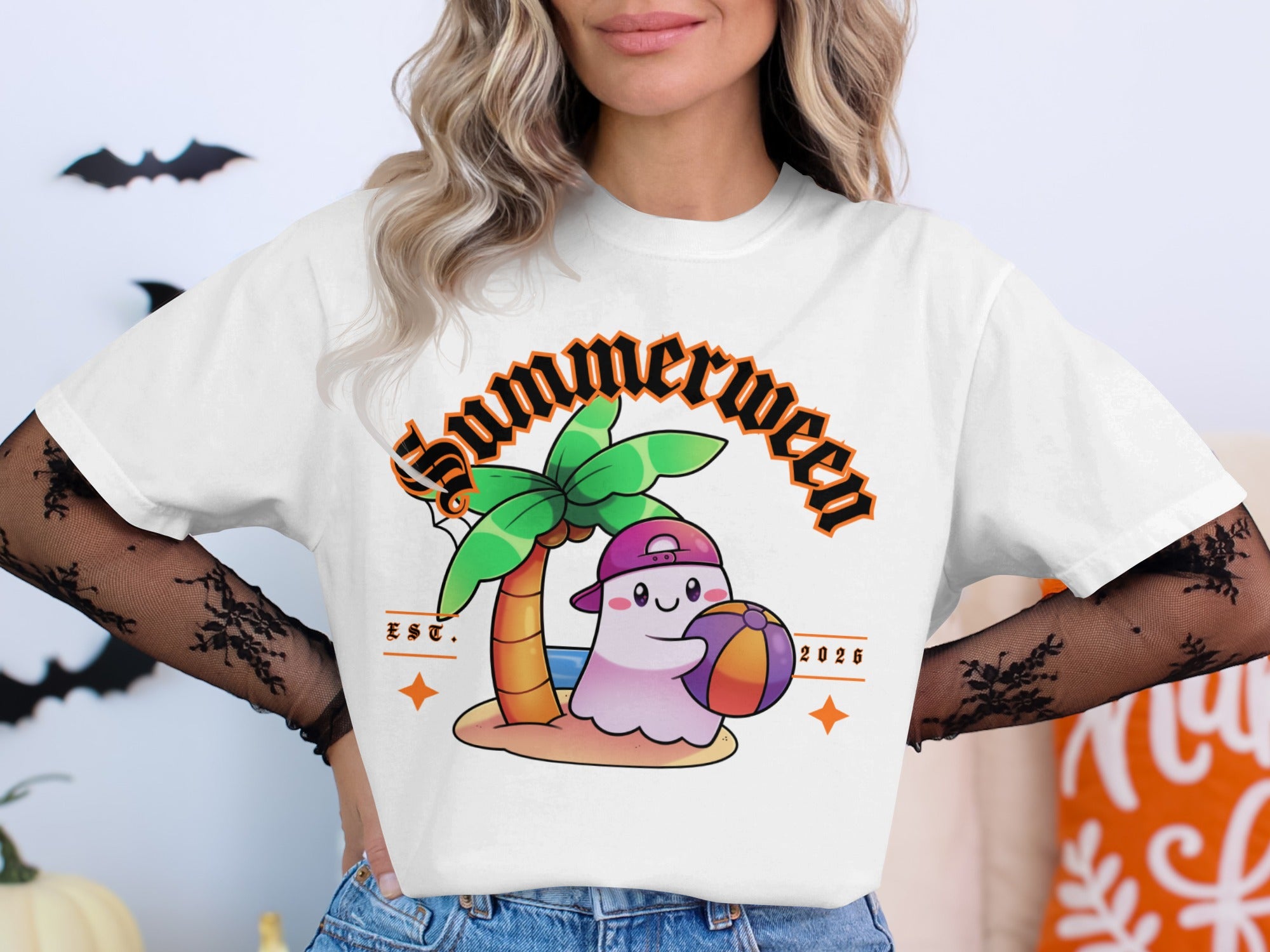"Summerween" text arched over a cartoon ghost with a beach ball on an island.
