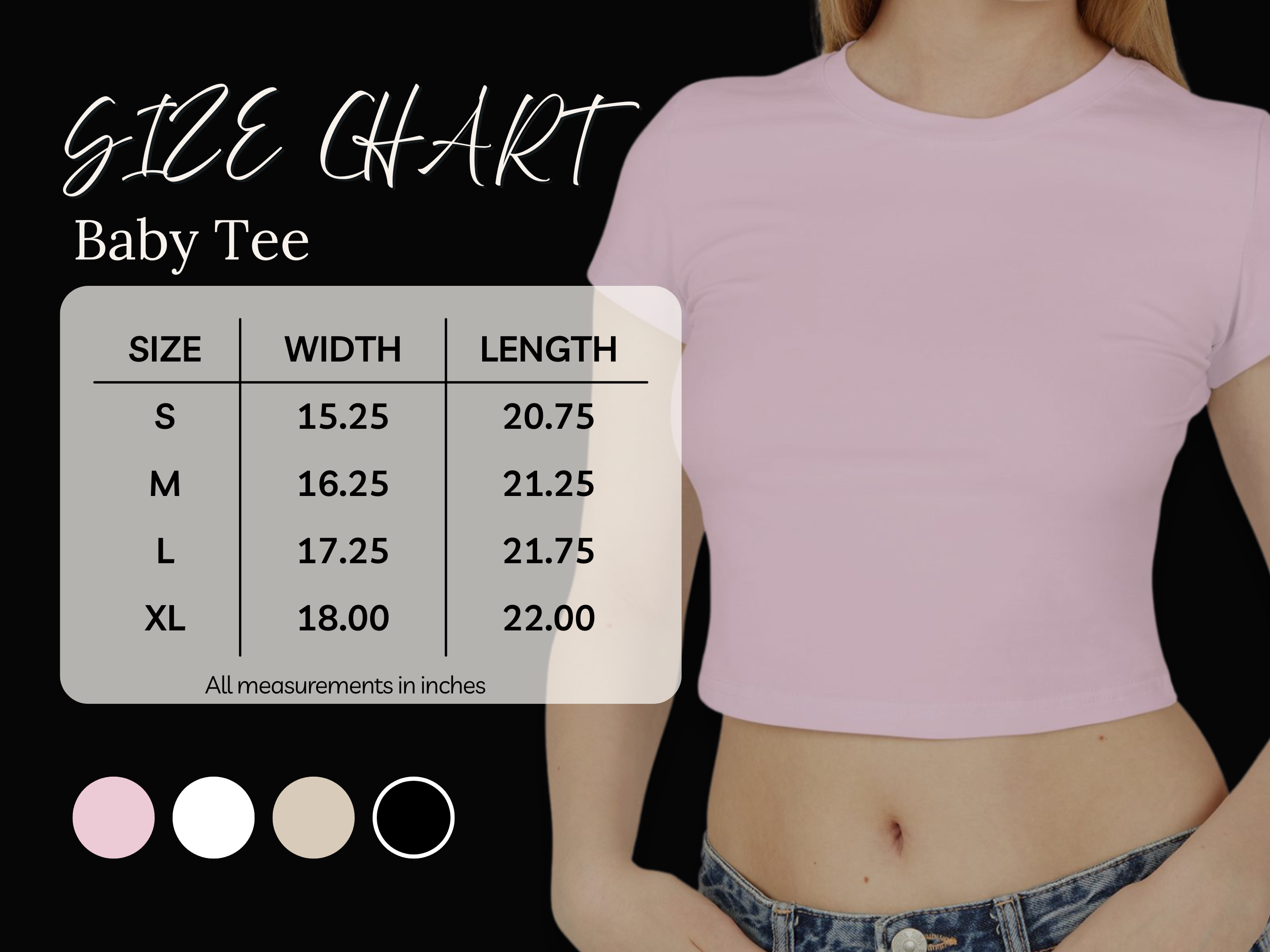 Baby tee size chart with width and length measurements for S, M, L, and XL.
