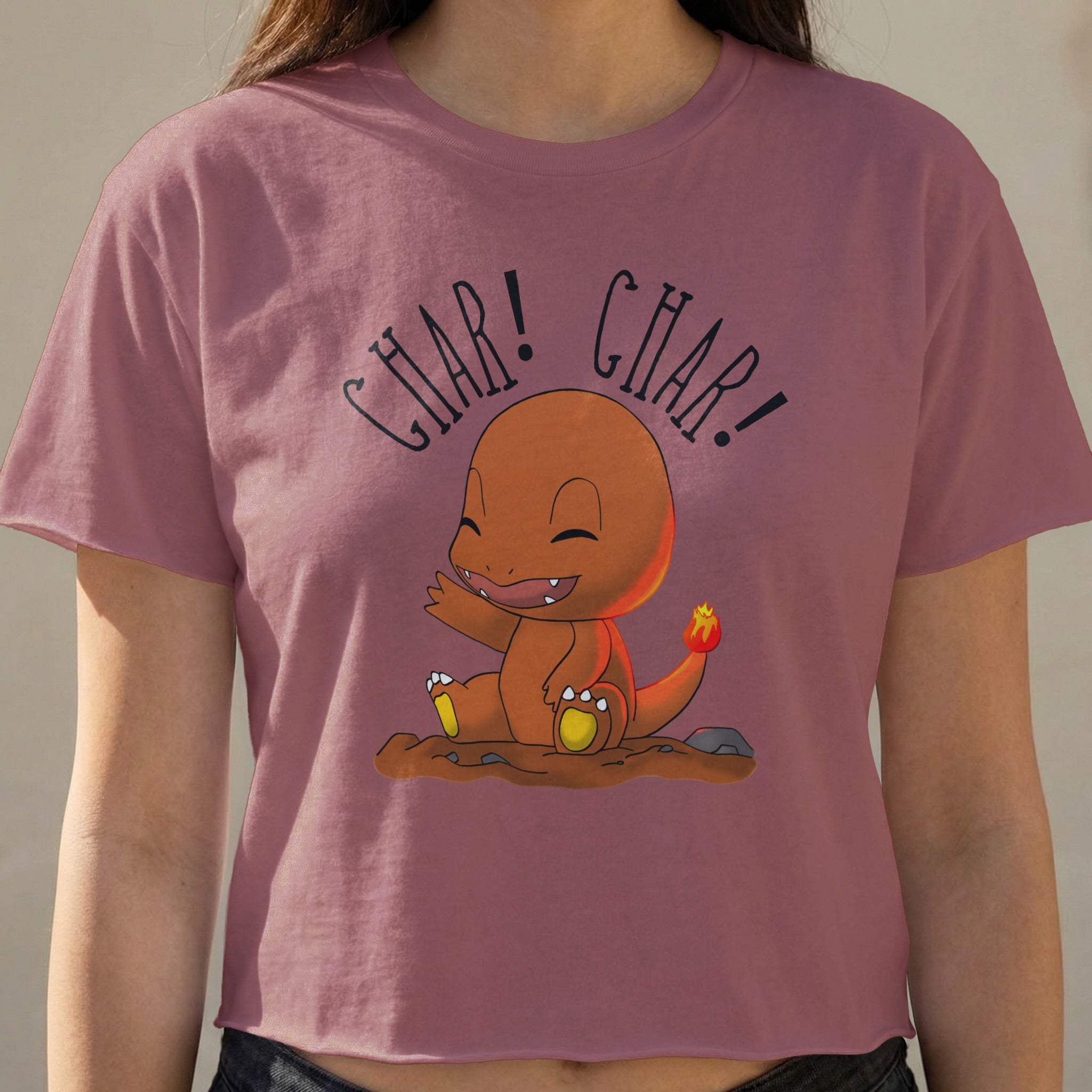 Charmander character with "Char! Char!" text on a maroon t-shirt.