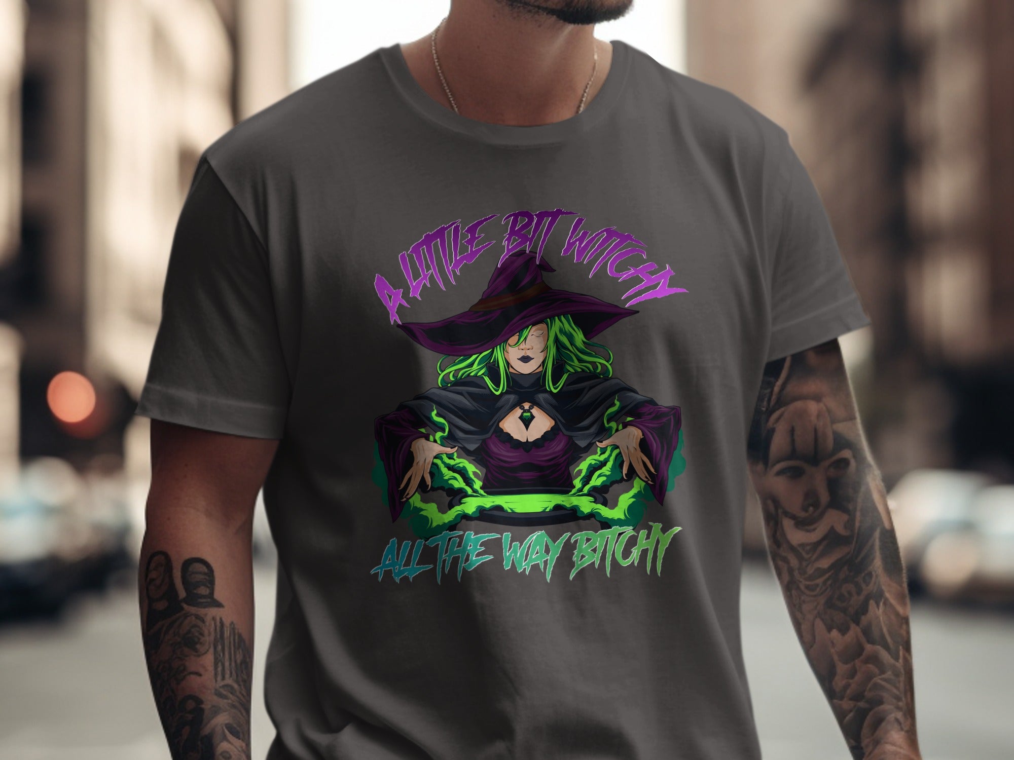 Witch with green hair, purple hat, and glowing green text.