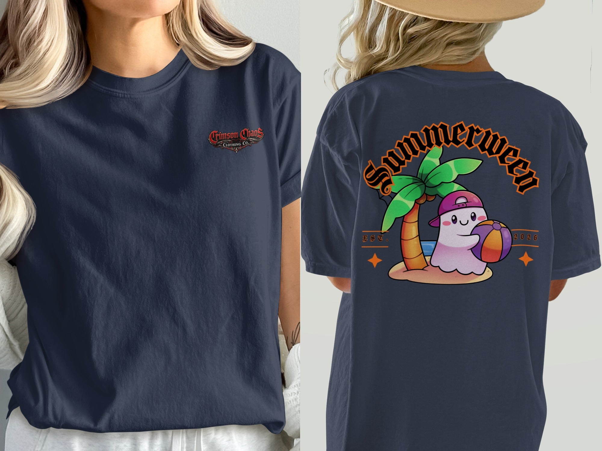 Navy t-shirt with "Crimson Chaos Clothing Co." on the front and a ghost on a beach with "Summerween 2026" on the back.