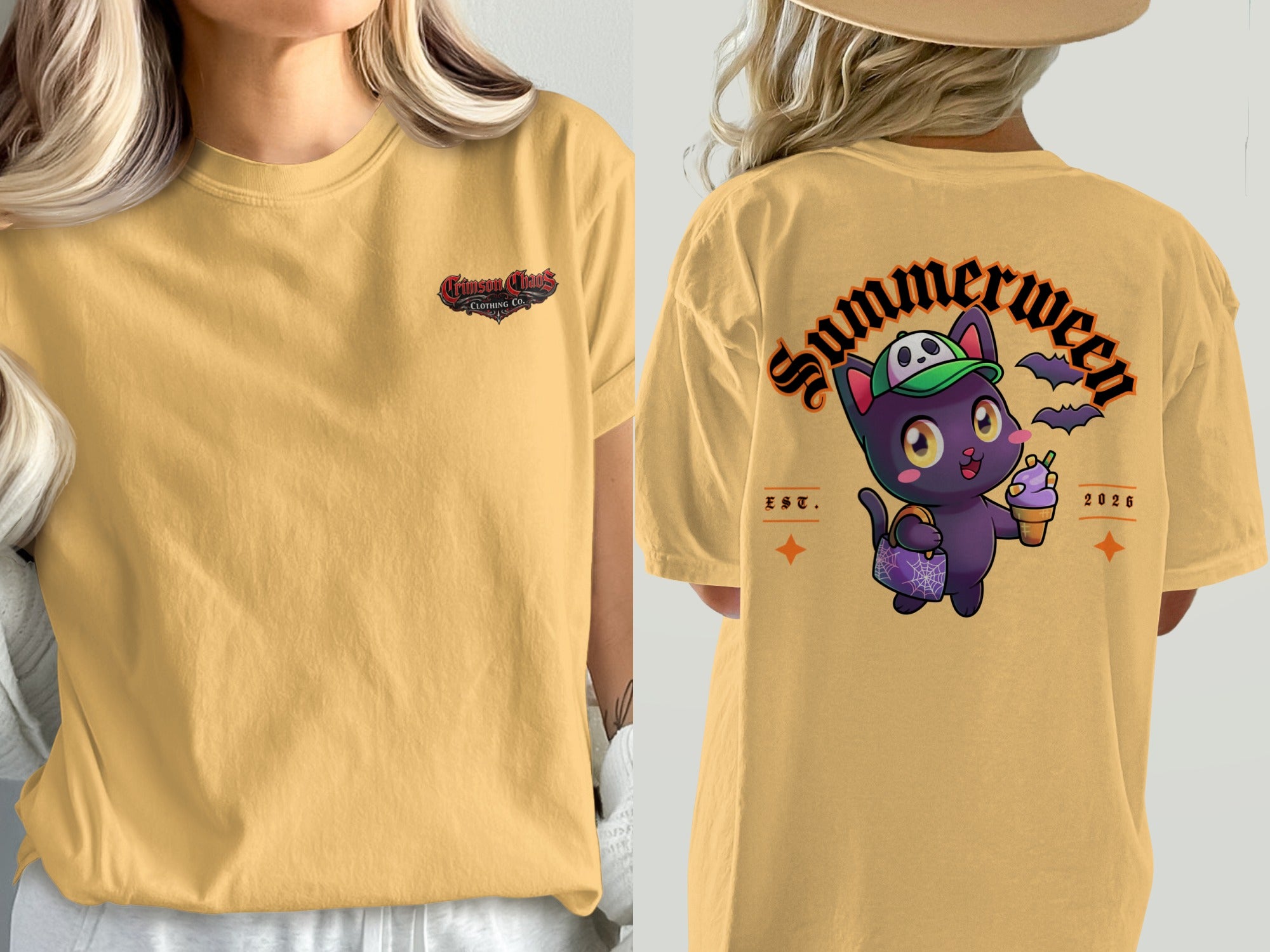 Yellow t-shirt with "Crimson Chaos Clothing Co." on front and cartoon cat with "Summerween" on back.