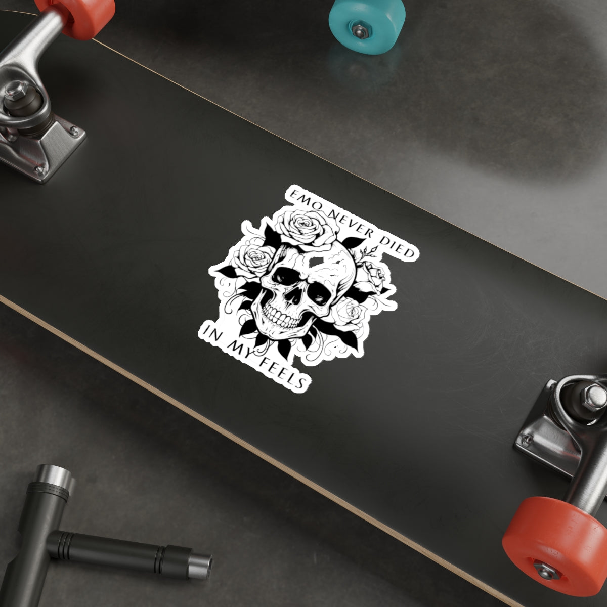 Emo Never Died In My Feels Skull Skateboard Sticker