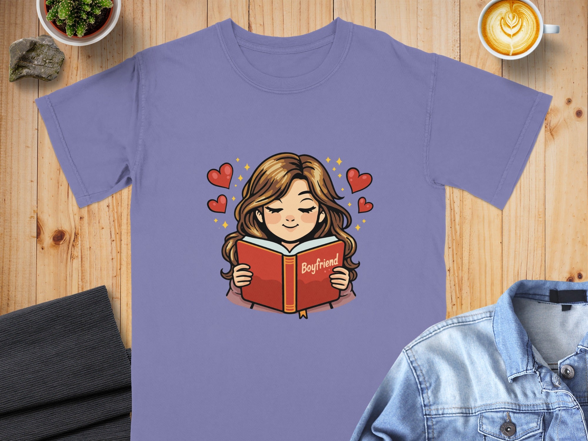 Girl Reading Boyfriend Book Hearts Printed T-shirt