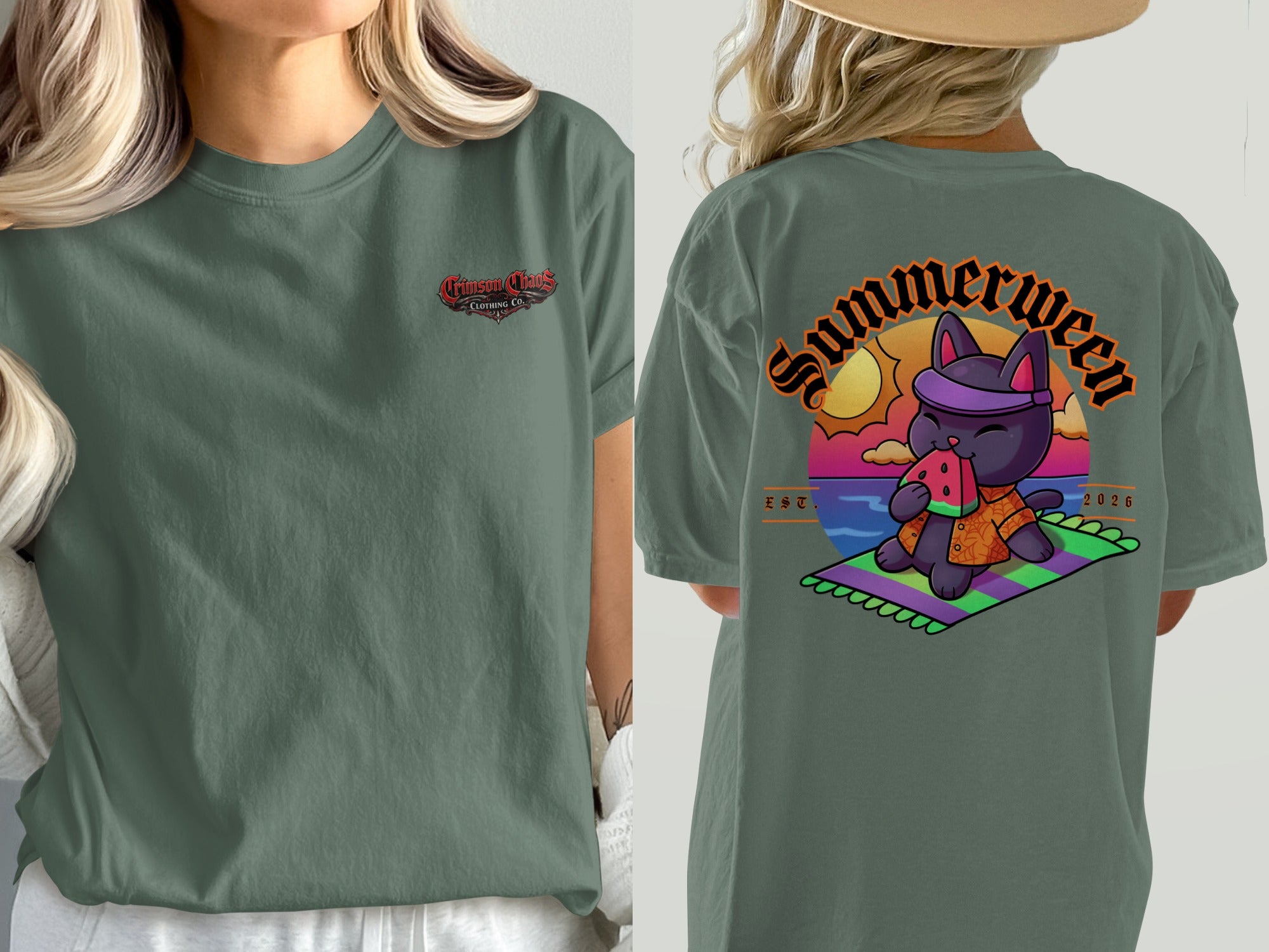 Green t-shirt with Crimson Chaos Clothing Co. logo and a black cat eating watermelon on back.
