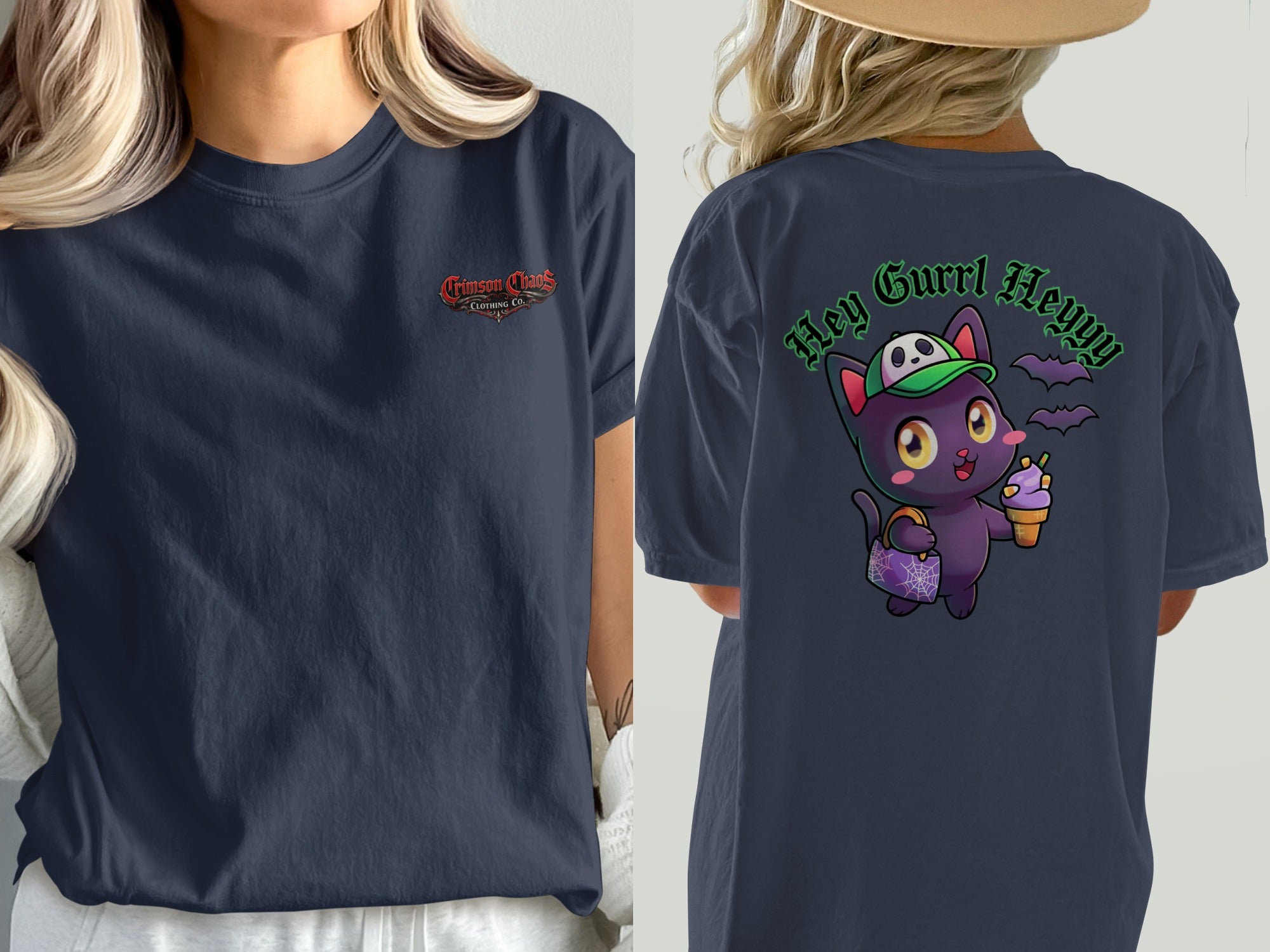 Navy t-shirt with "Crimson Chaos Clothing Co." on front and cat graphic on back.