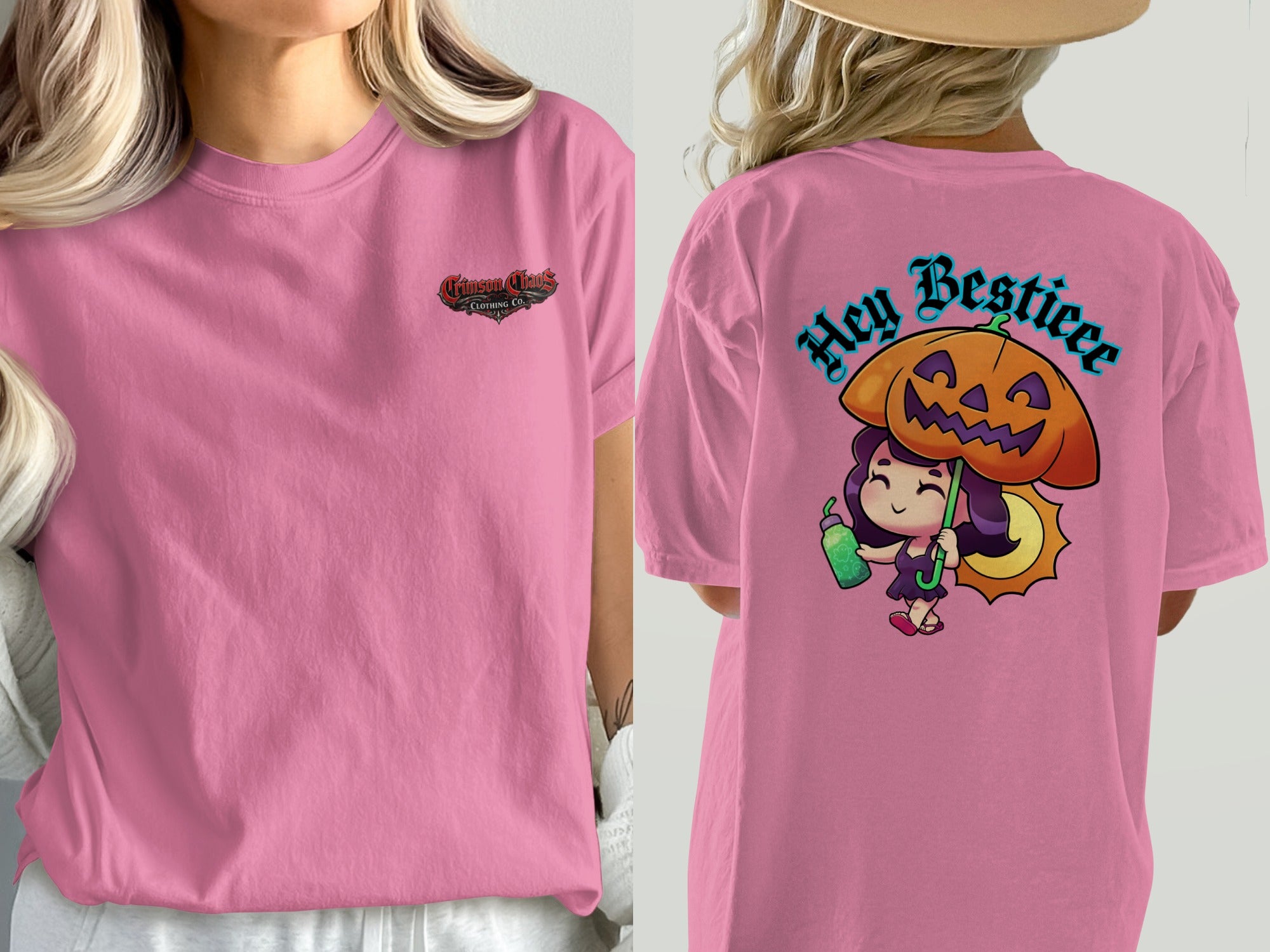 Pink t-shirt with "Crimson Chaos Clothing Co." on front and cartoon pumpkin and girl on back.