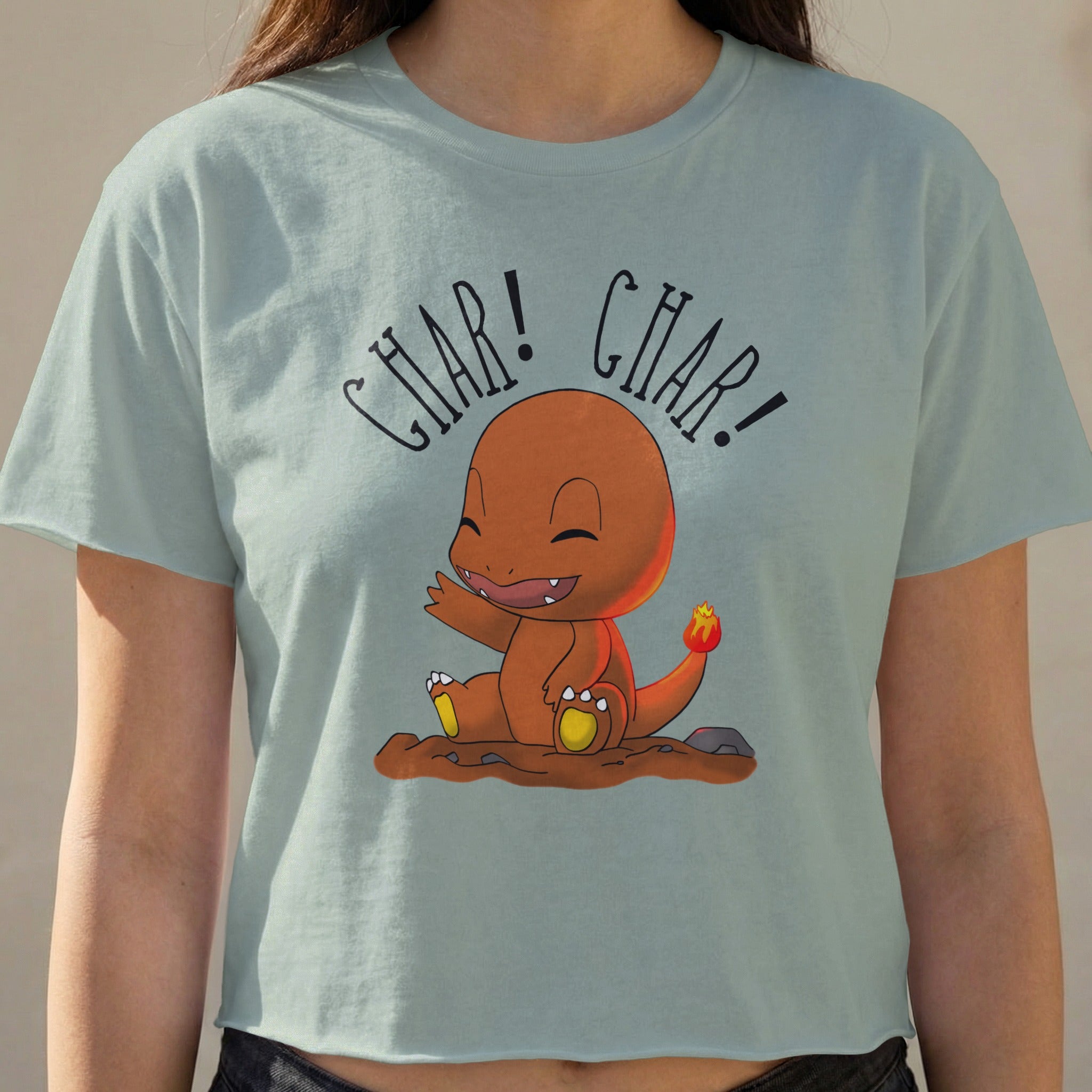 Charmander t-shirt with "Char! Char!" text, viewed from the chest up.