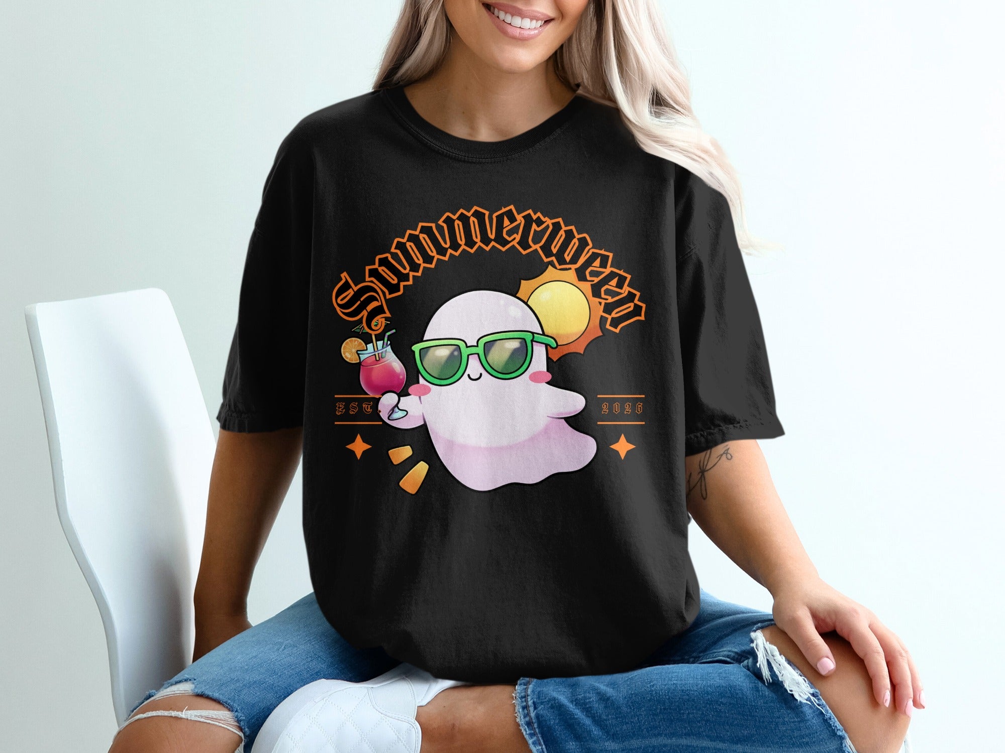 Black t-shirt with a summer ghost graphic and "Summerween 2026" text.
