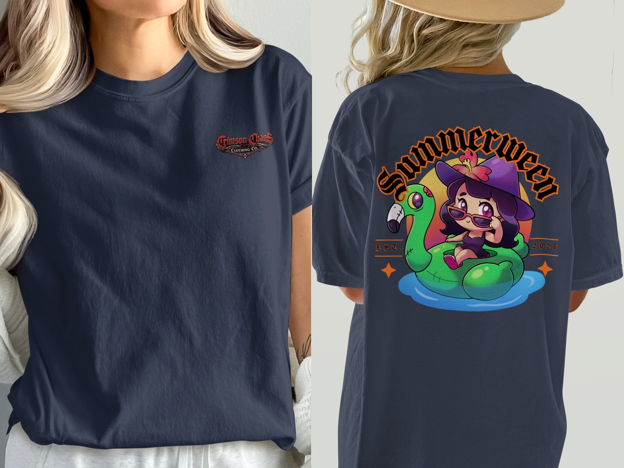 Navy t-shirt with "Crimson Chaos Clothing Co." on front and witch on flamingo float graphic on back.