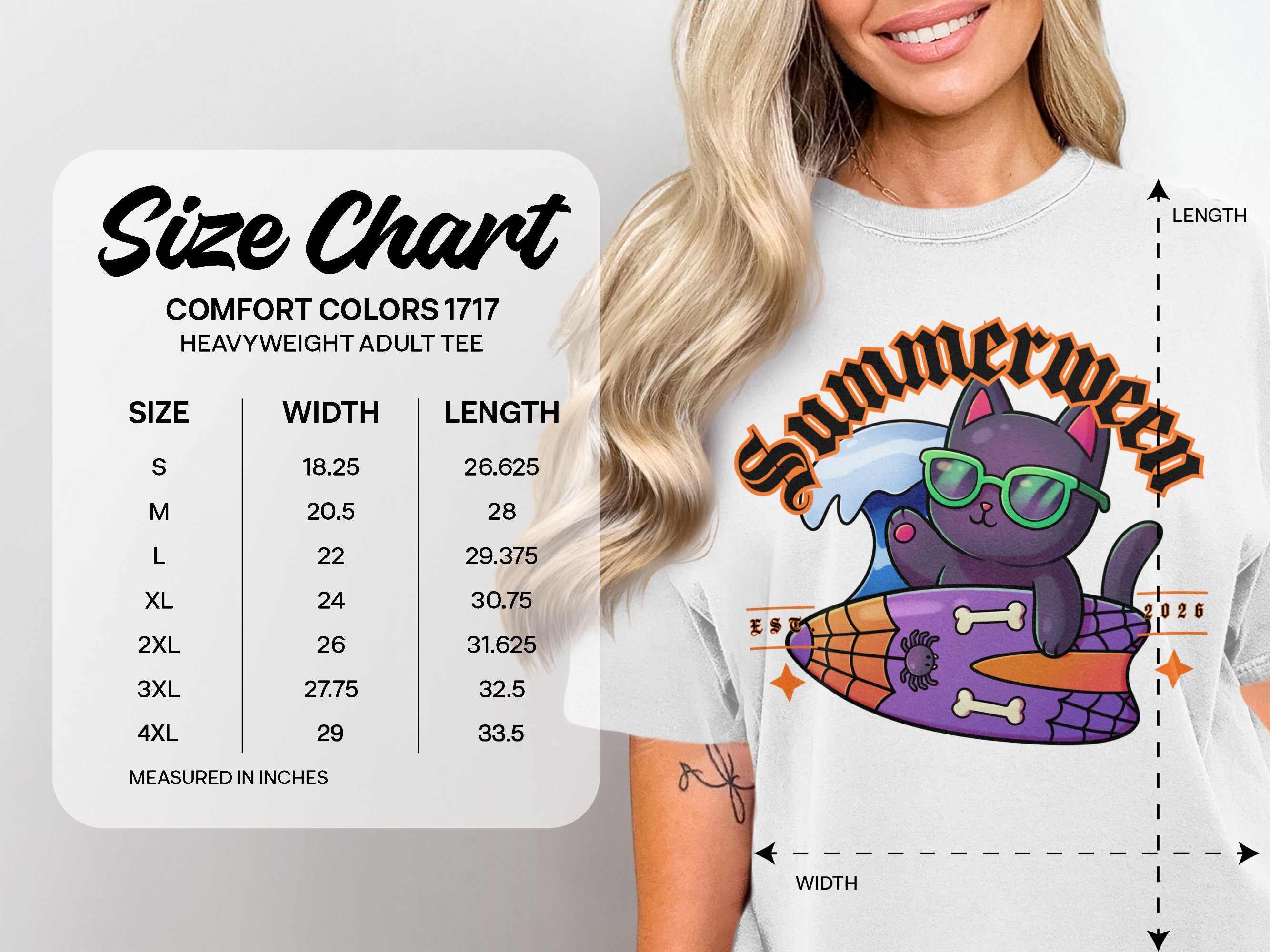 Comfort Colors 1717 size chart with width and length measurements in inches.