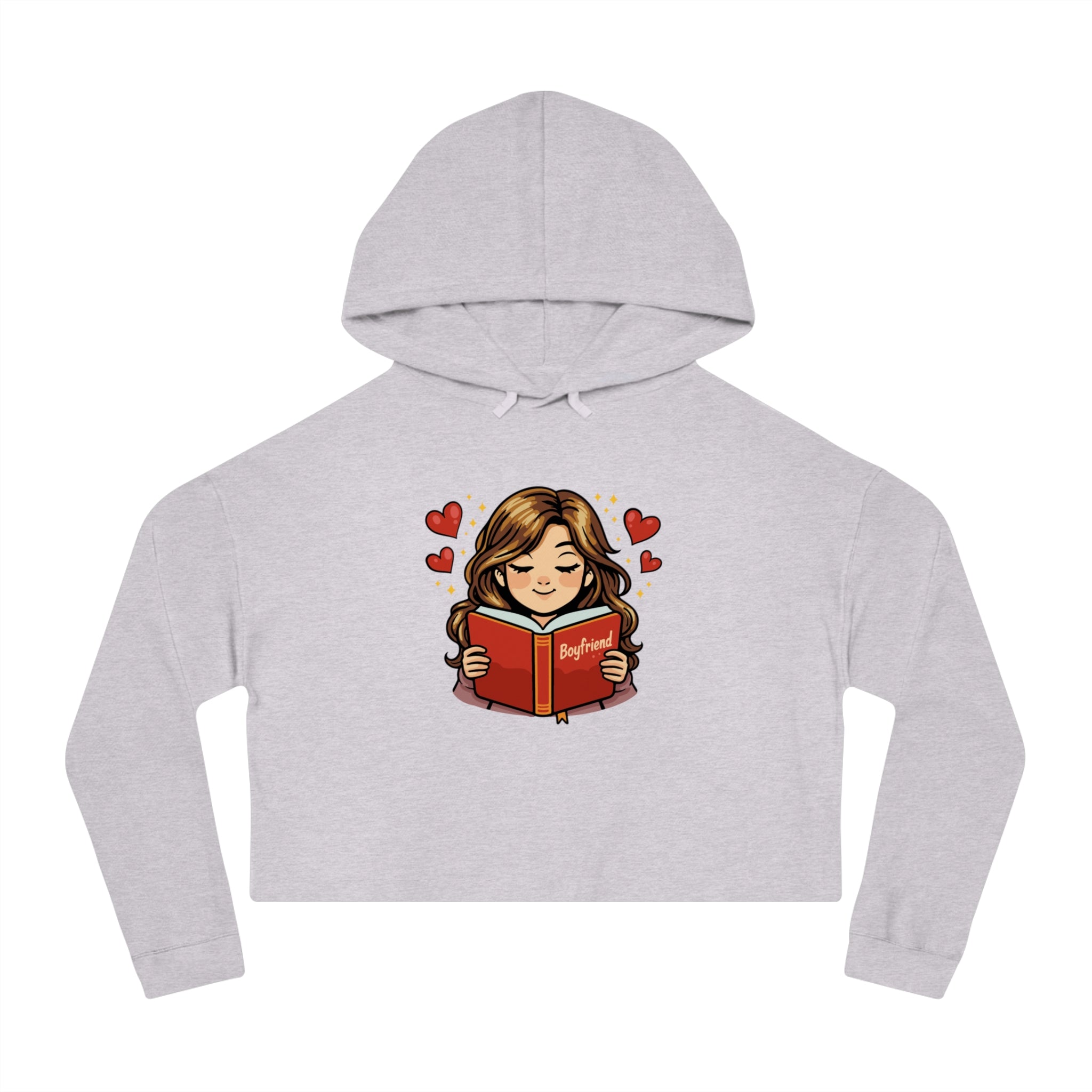 Cropped hoodie with cartoon girl reading a book titled "Boyfriend" surrounded by hearts.