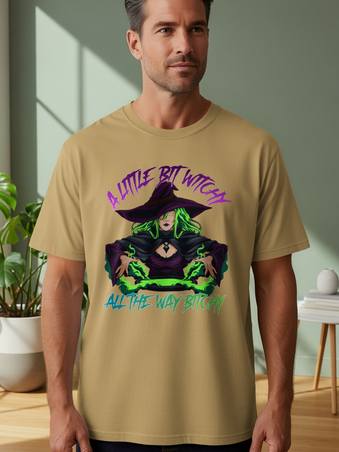 A witch wearing a black hat with green accents, text reads "A little bit witchy".