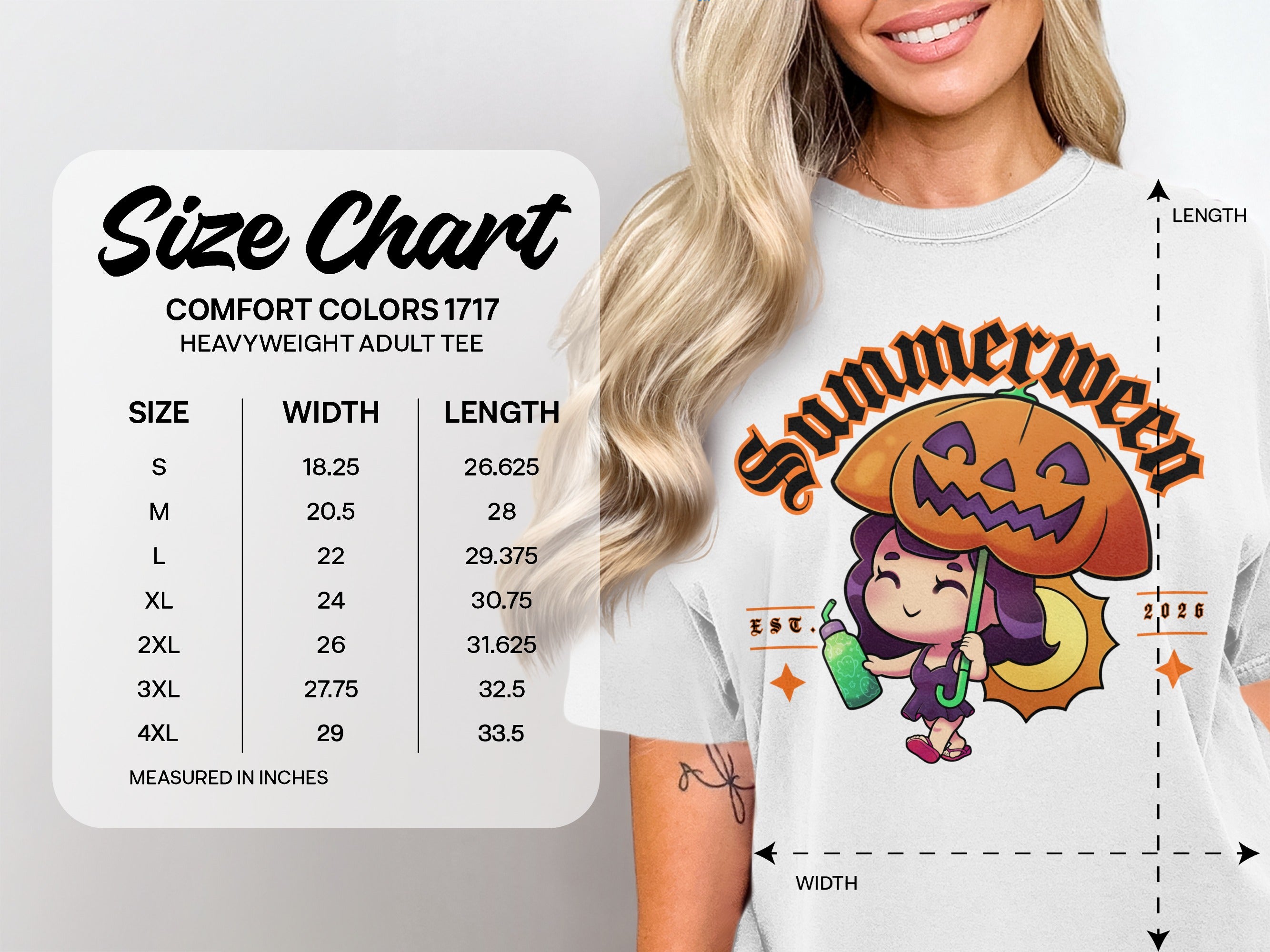 Size chart for Comfort Colors 1717 heavyweight adult tee with dimensions.